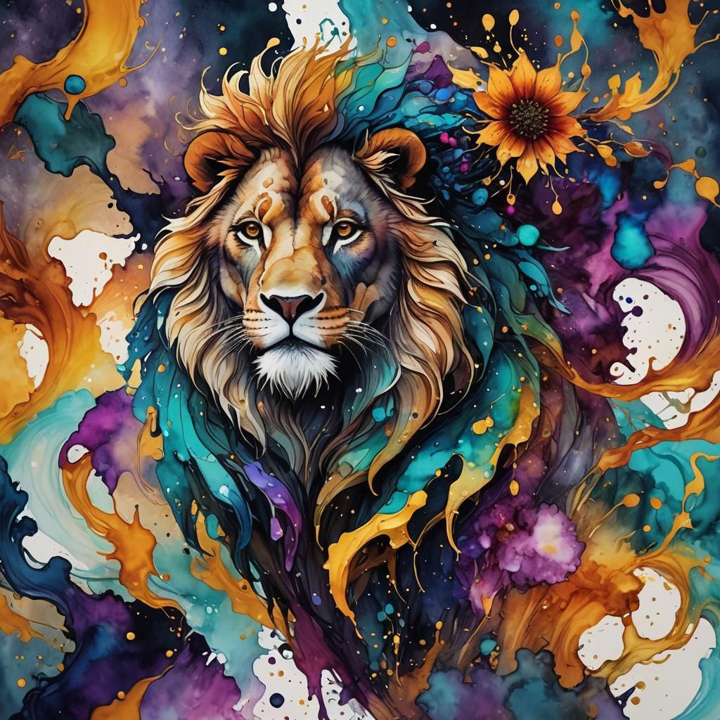 Fantastical Lion and Lamb Alcohol Ink Painting