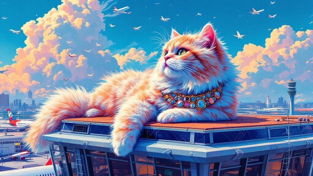Majestic Cat Lounges on Airport Roof in Pop Art Style
