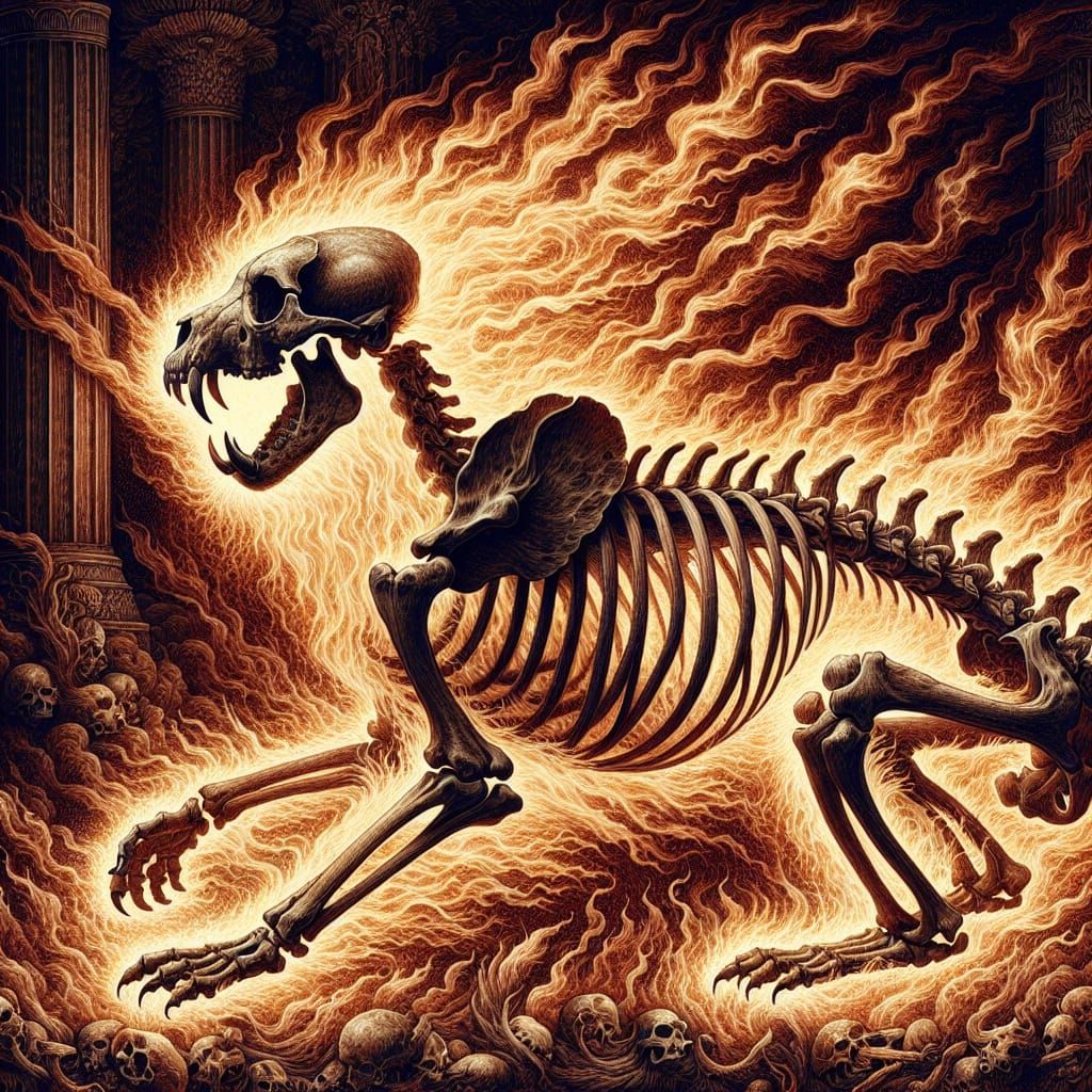 Lion Skeleton Emerging from Fire, Digital Art