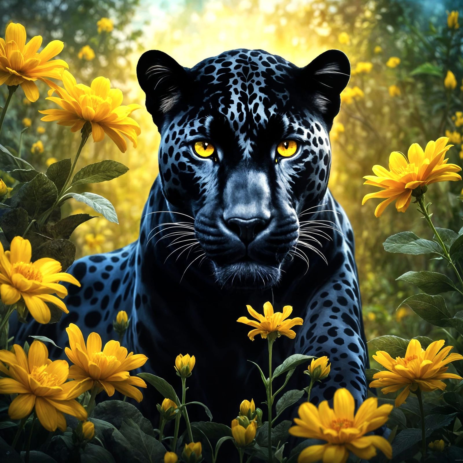 Black Jaguar with Yellow Eyes and Flowers