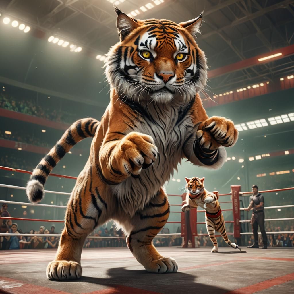 Cat Boxer Facing Tiger in Fantasy Art
