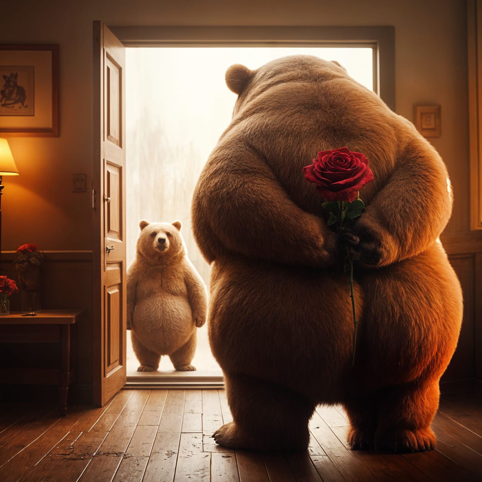 Rose-Clutching Bear Expecting a Visitor