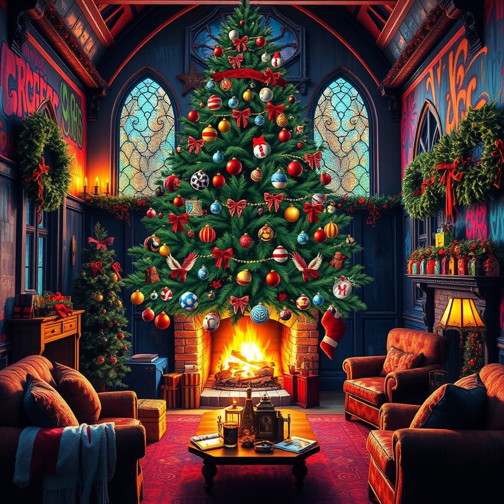 Gryffindor Christmas Wonderland in Vibrant, High-Contrast Co...
