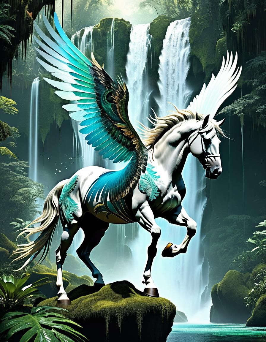 Pastel Pegasus with Fractal Filigree in Botanical Setting