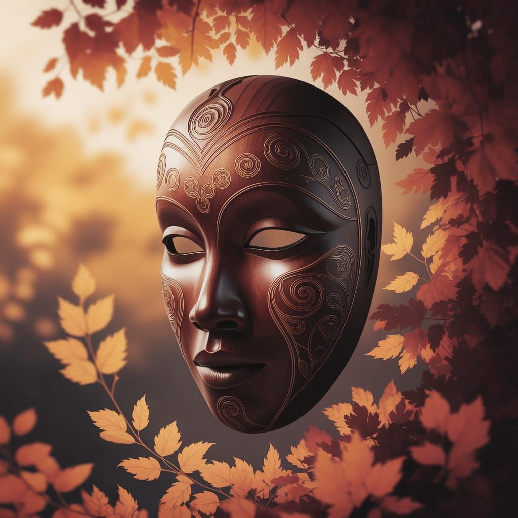 Ancient Wooden Mask with Wisdom and Power in Amber Foliage