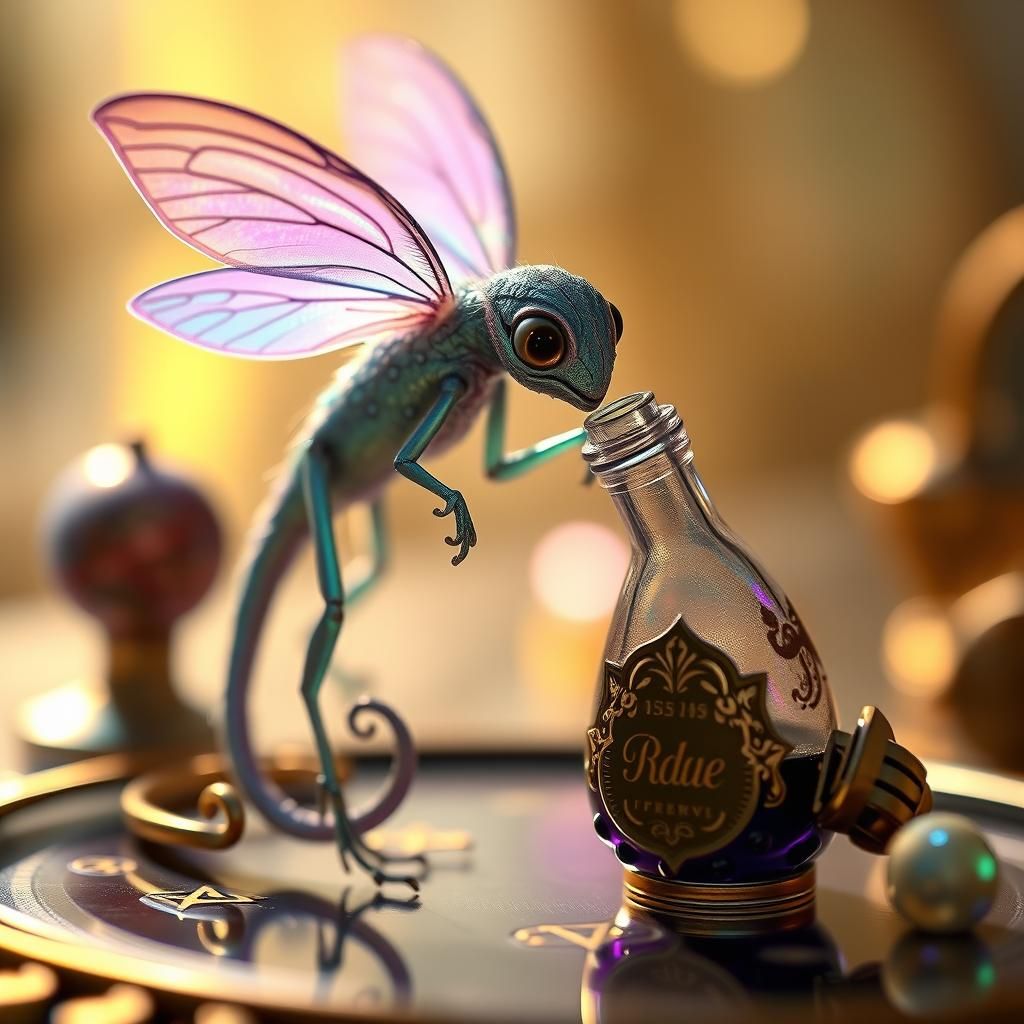 Iridescent Fairy Lizard Sipping from Ornate Bottle