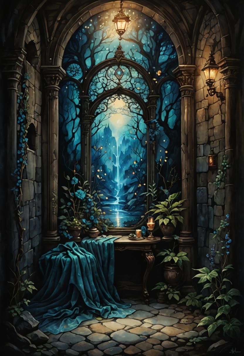 Antique Watercolor Fantasy Interior with Dynamic Lighting