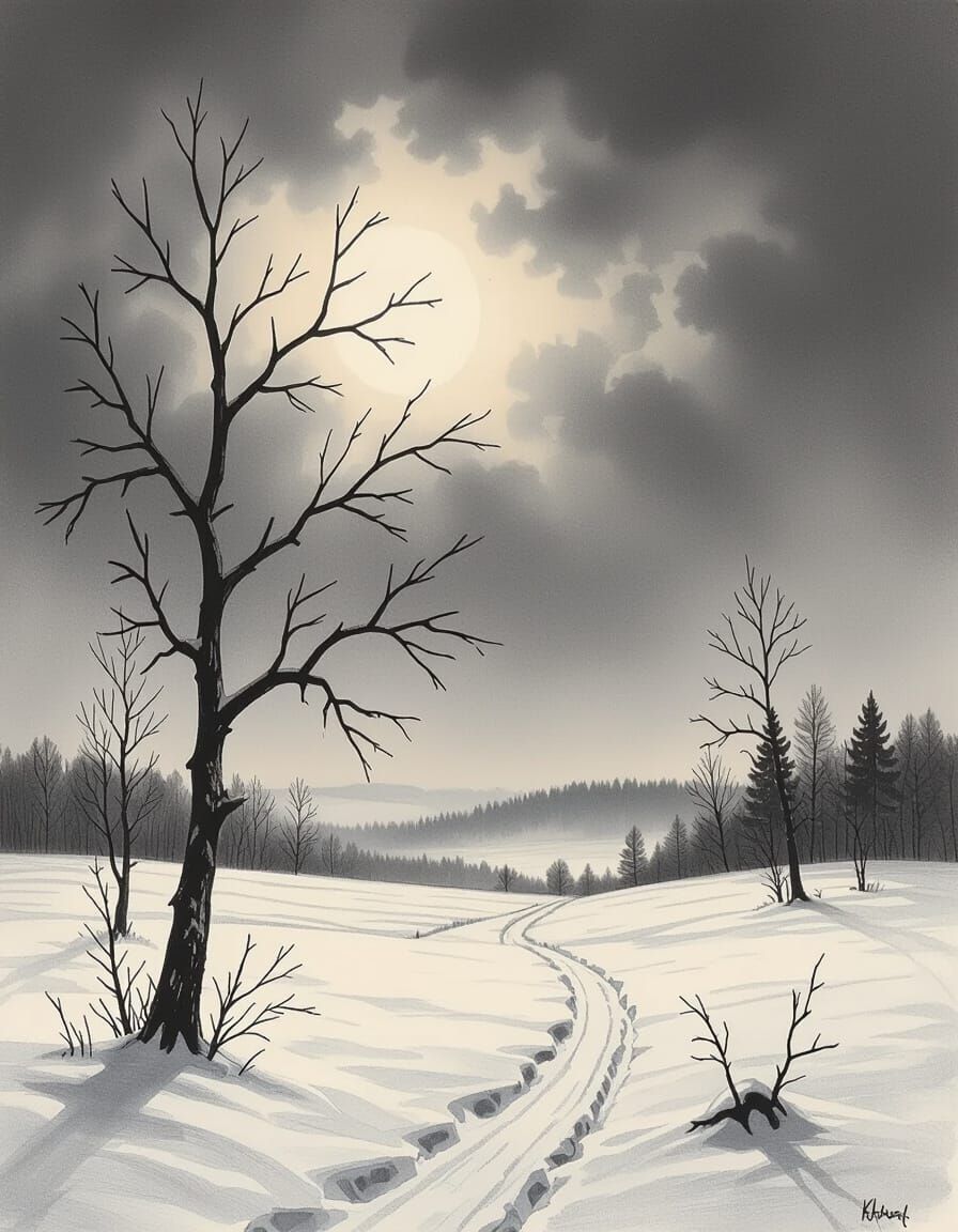 Melancholic Winter Landscape Drawing in Charcoal