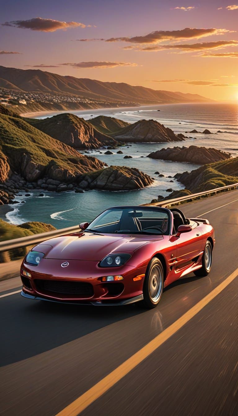Hyperrealistic Mazda RX-7 Convertible in Retro Car Ad Style