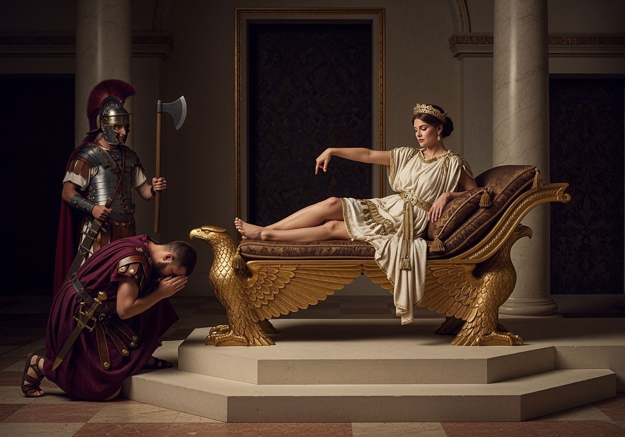 Regal Roman Empress on Eagle Divan in Lavish Toga