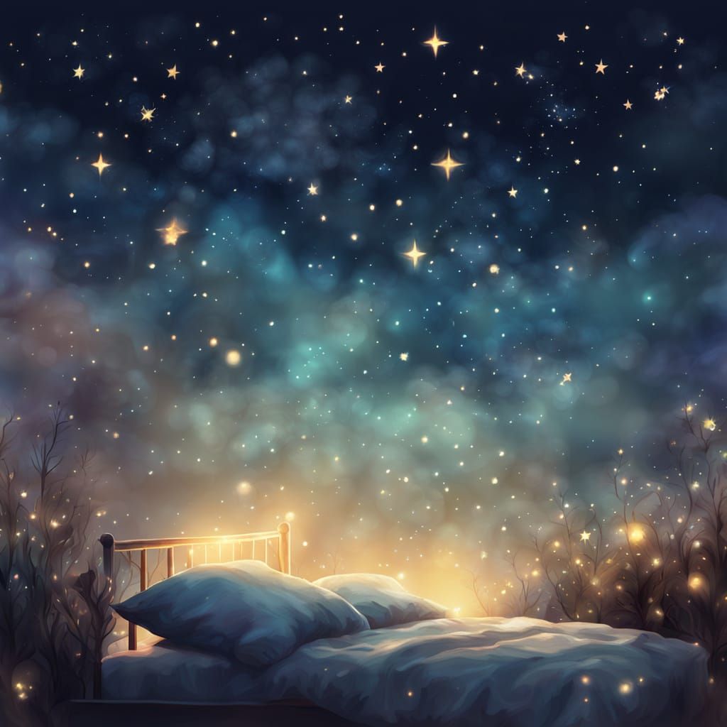 Dreamy Bed Under a Starry Sky in Watercolor Style