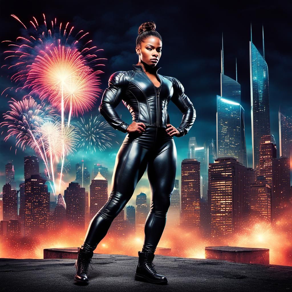 80s Style Woman Bodybuilder in Metropolis with Fireworks