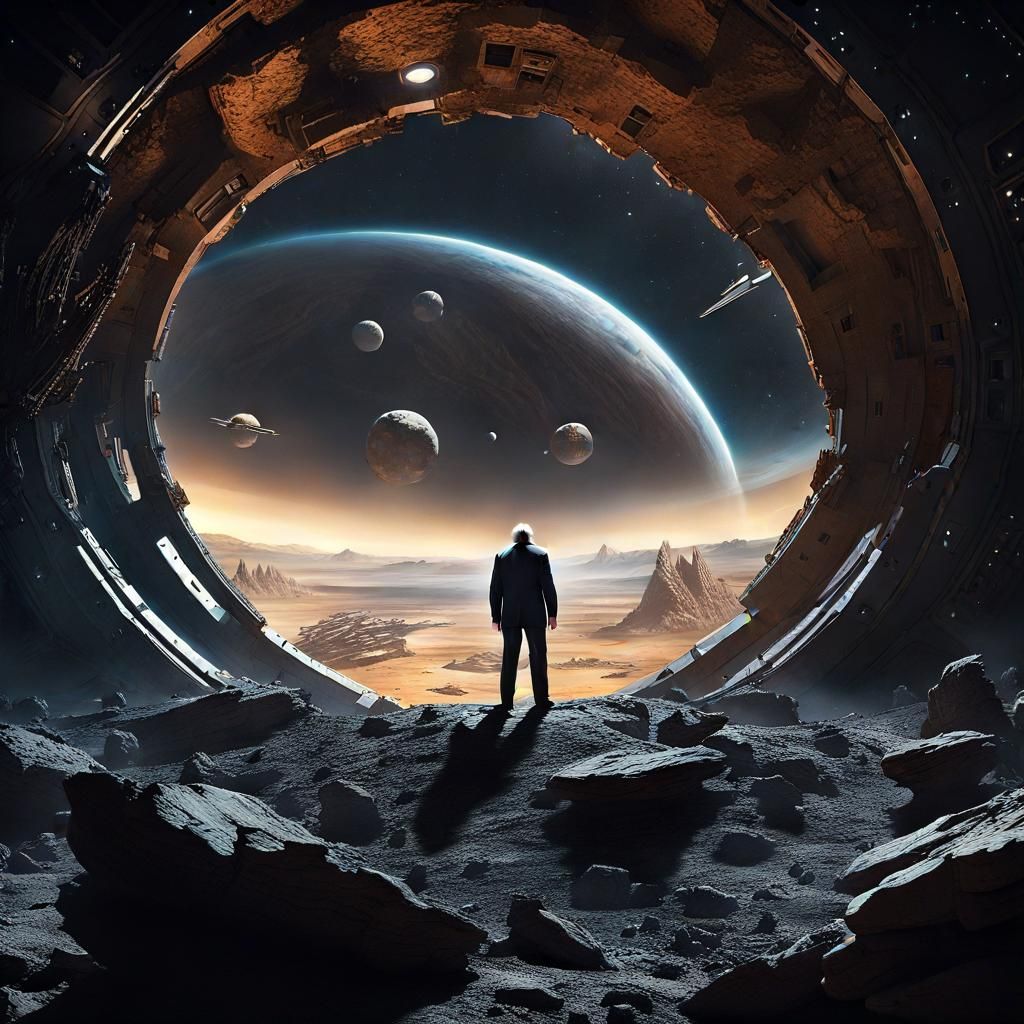 Old Man and Spaceship Wreckage on Rocky Planet