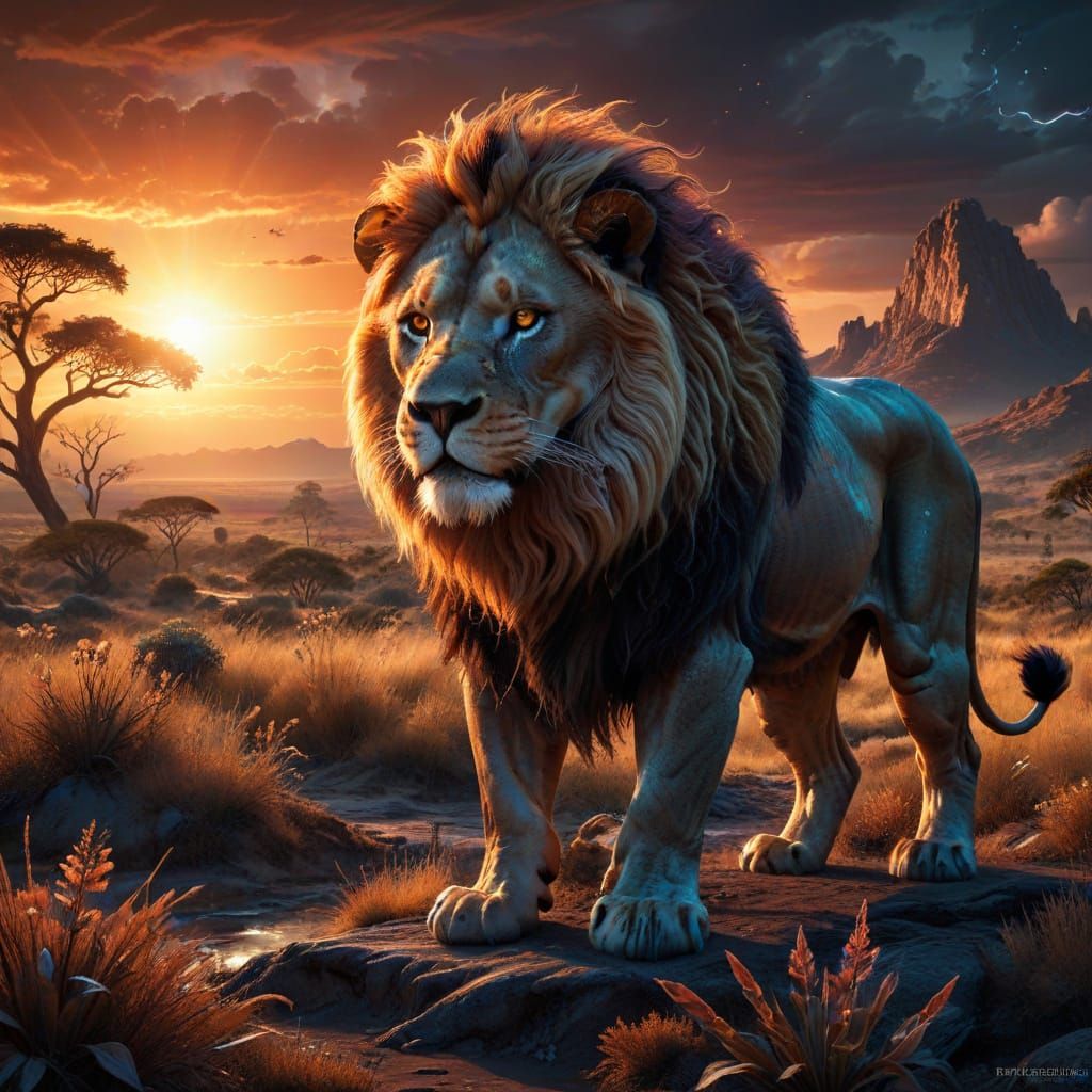 Majestic Lion on Alien Savanna Under Binary Sunset