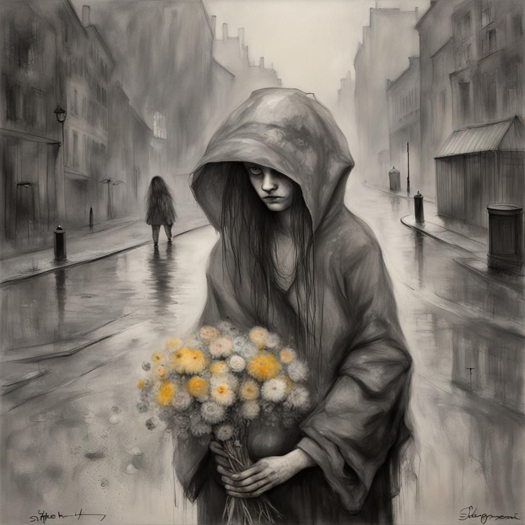 Beggar Girl with Flowers: Detailed Street Scene