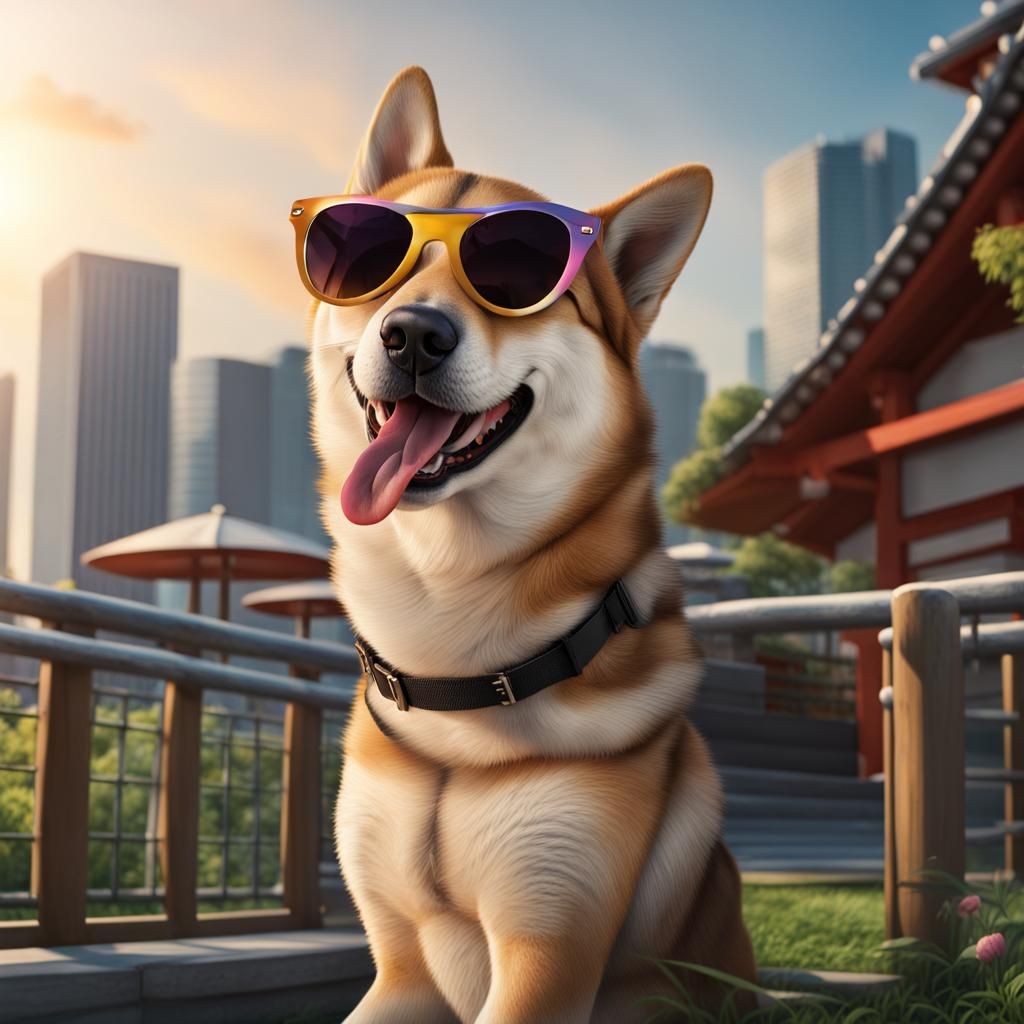 Joyful Shikoku Inu with Sunglasses in Park