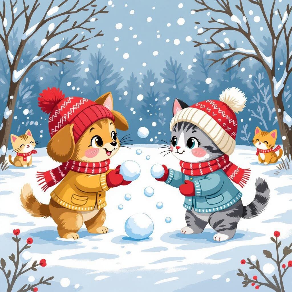 Cartoon Animals Enjoy a Winter Snowball Fight