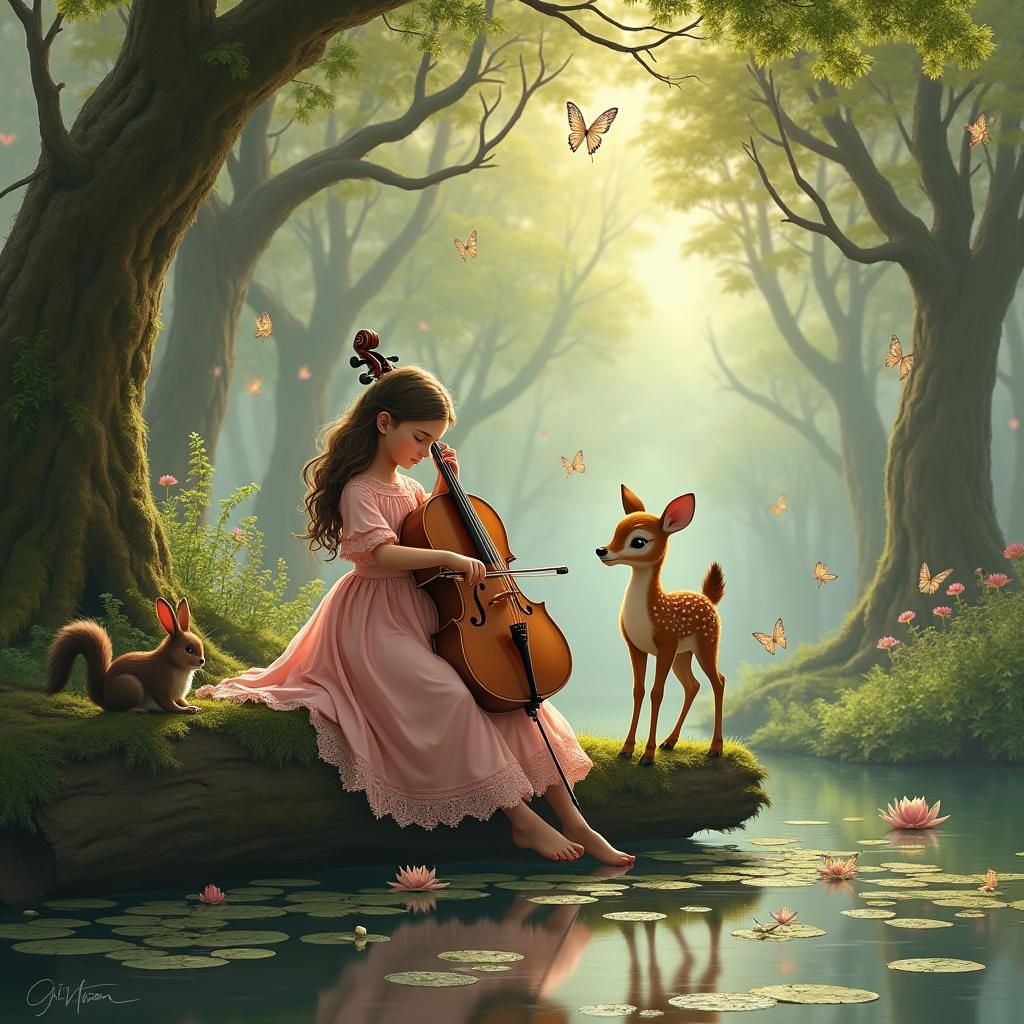 Girl Plays Cello in Enchanted Forest, Fairy Art