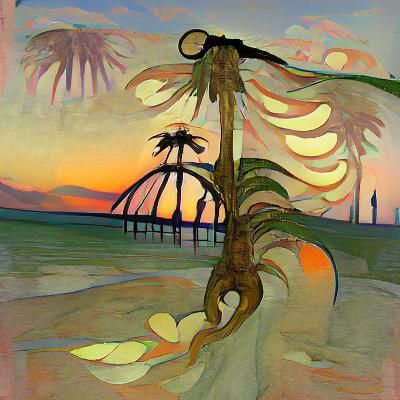 Art Nouveau Sunset Beach with Palm Trees