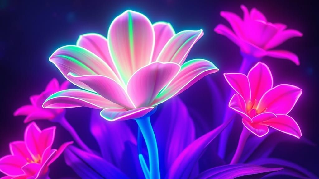 Retro Neon Flowers With Luminous Blue Stem