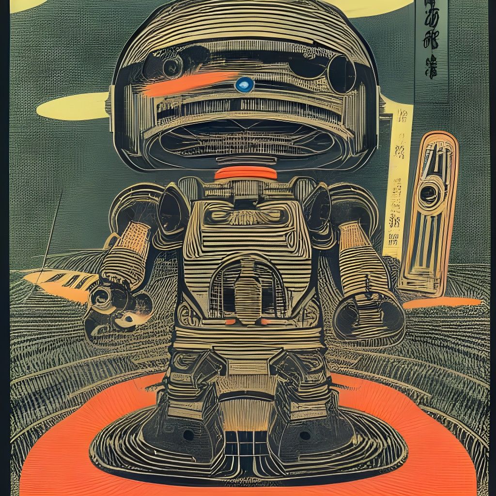 Little Robot in Glade: Sci-Fi Horror Woodblock Print