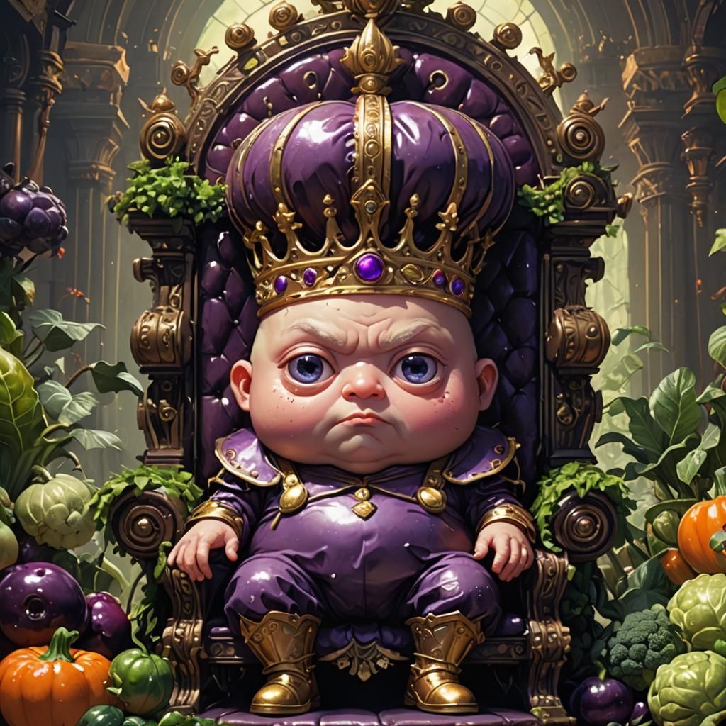 Chibi Aubergine King on Throne, Digital Illustration