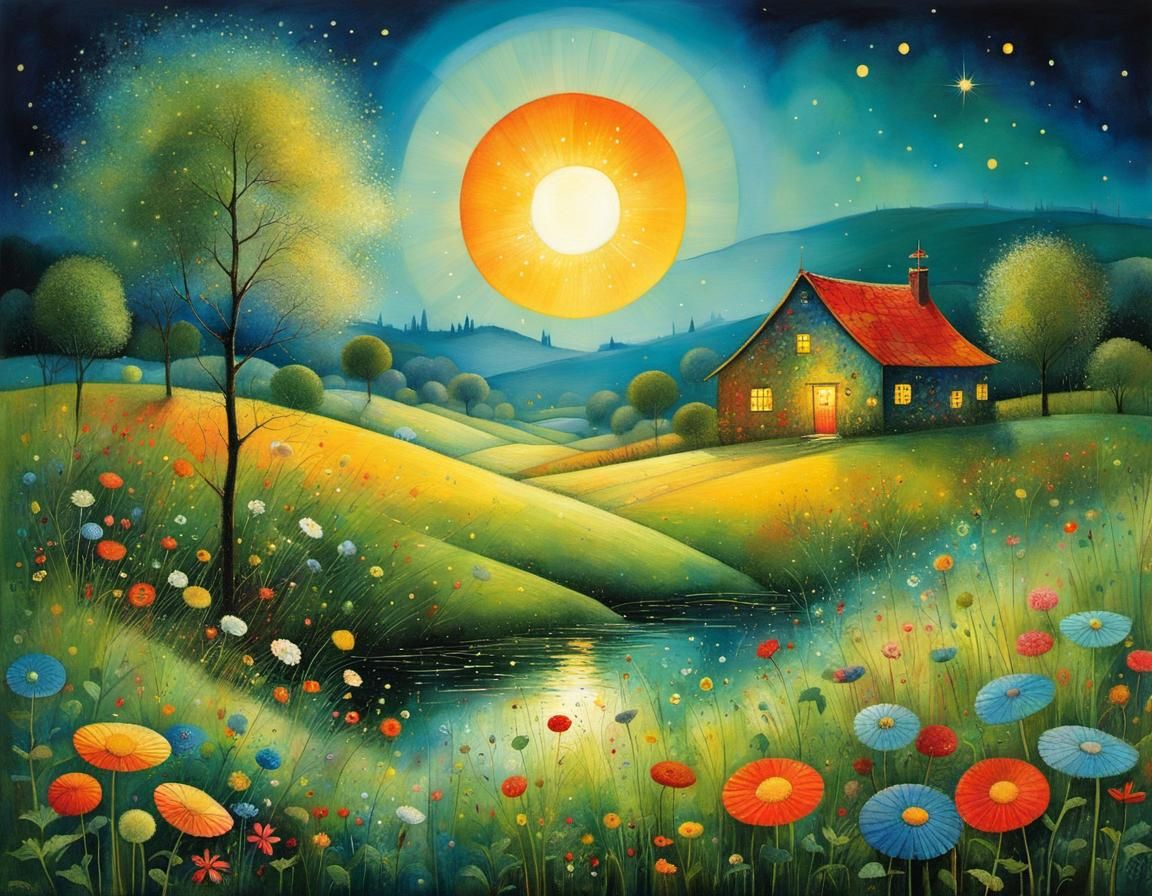 Whimsical Patchwork Illustration of a Twilight Scene