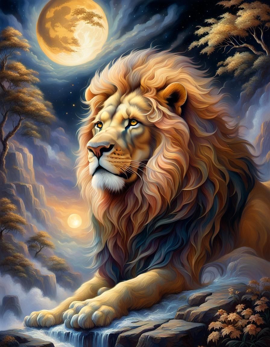 Majestic Lion Roaring at the Moon in Ethereal Light