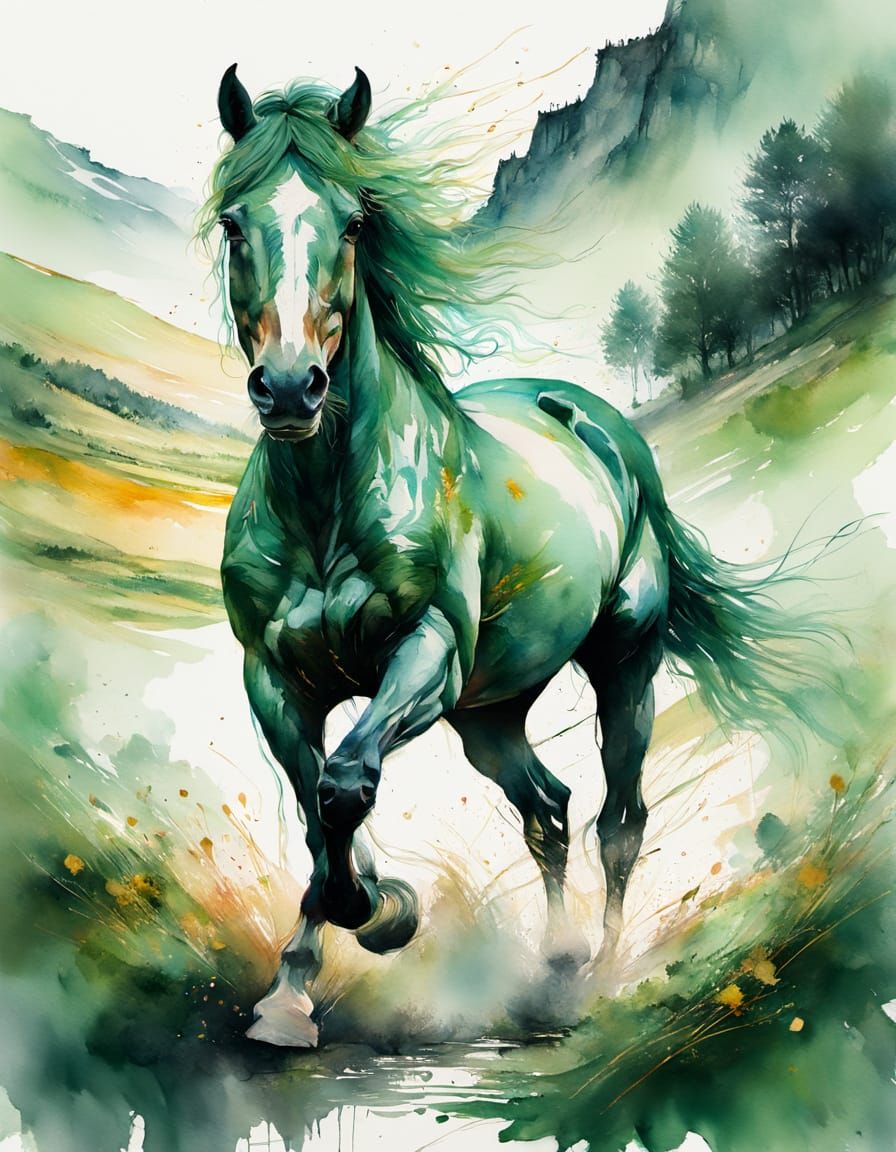 Breathtaking Horse in Green Valley Watercolor