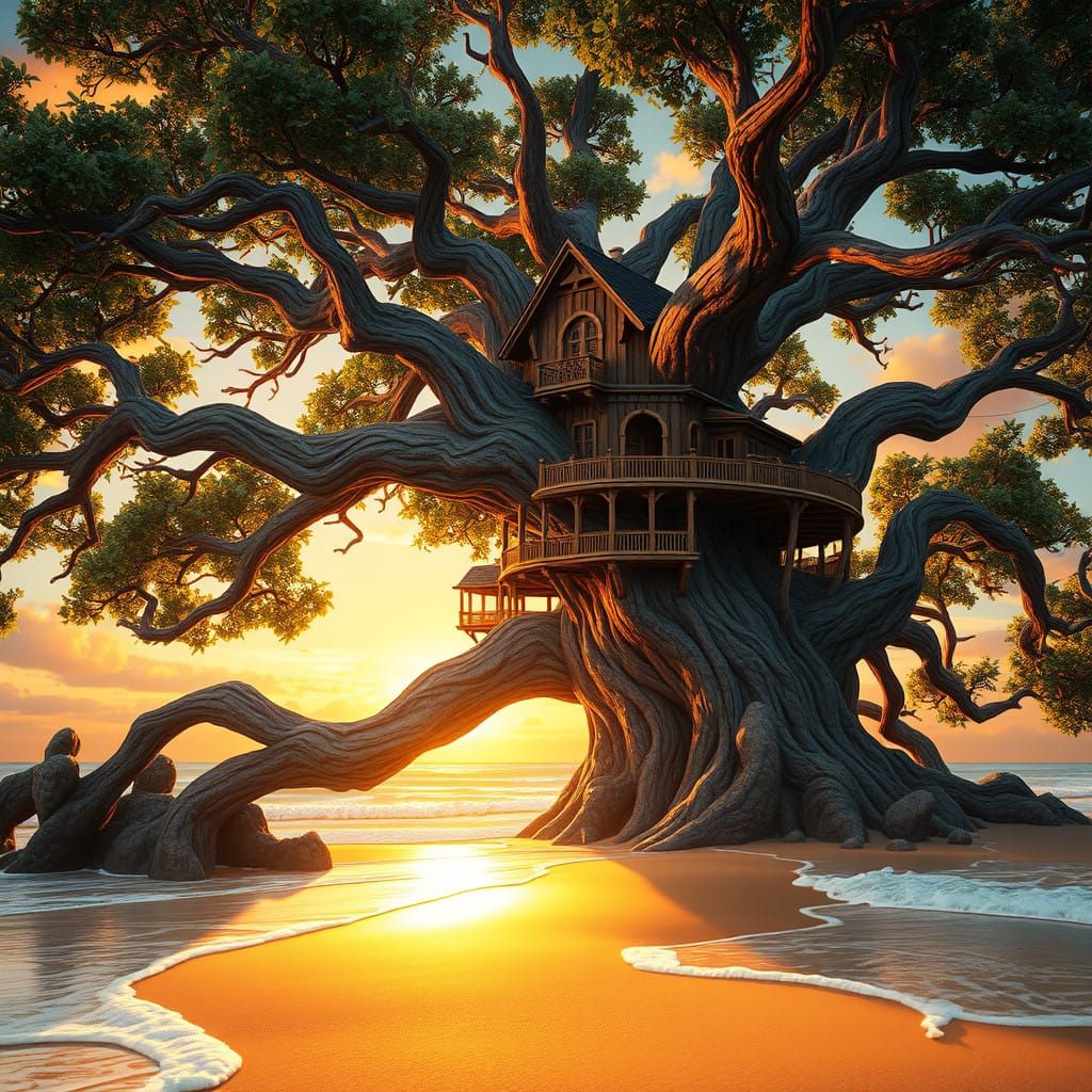 Majestic Treehouse at Sunset on Windswept Beach