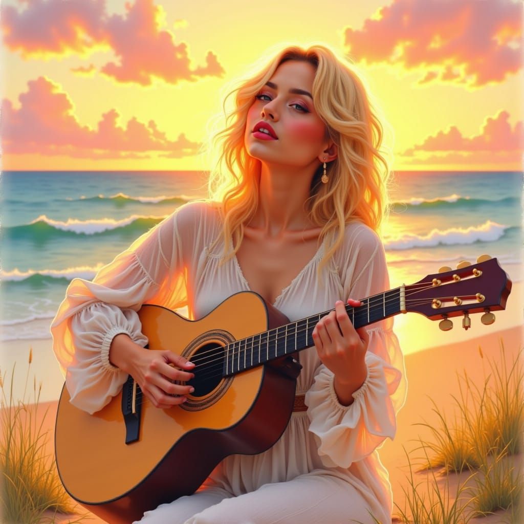 Woman Plays Guitar on Beach at Sunset in Watercolor Style