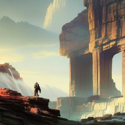 Colossal Ruins on Rocky Desert, Hyperrealistic Art