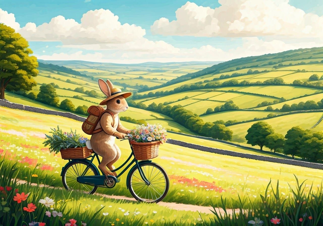 Whimsical Rabbit Rides Bicycle Through Lush Countryside