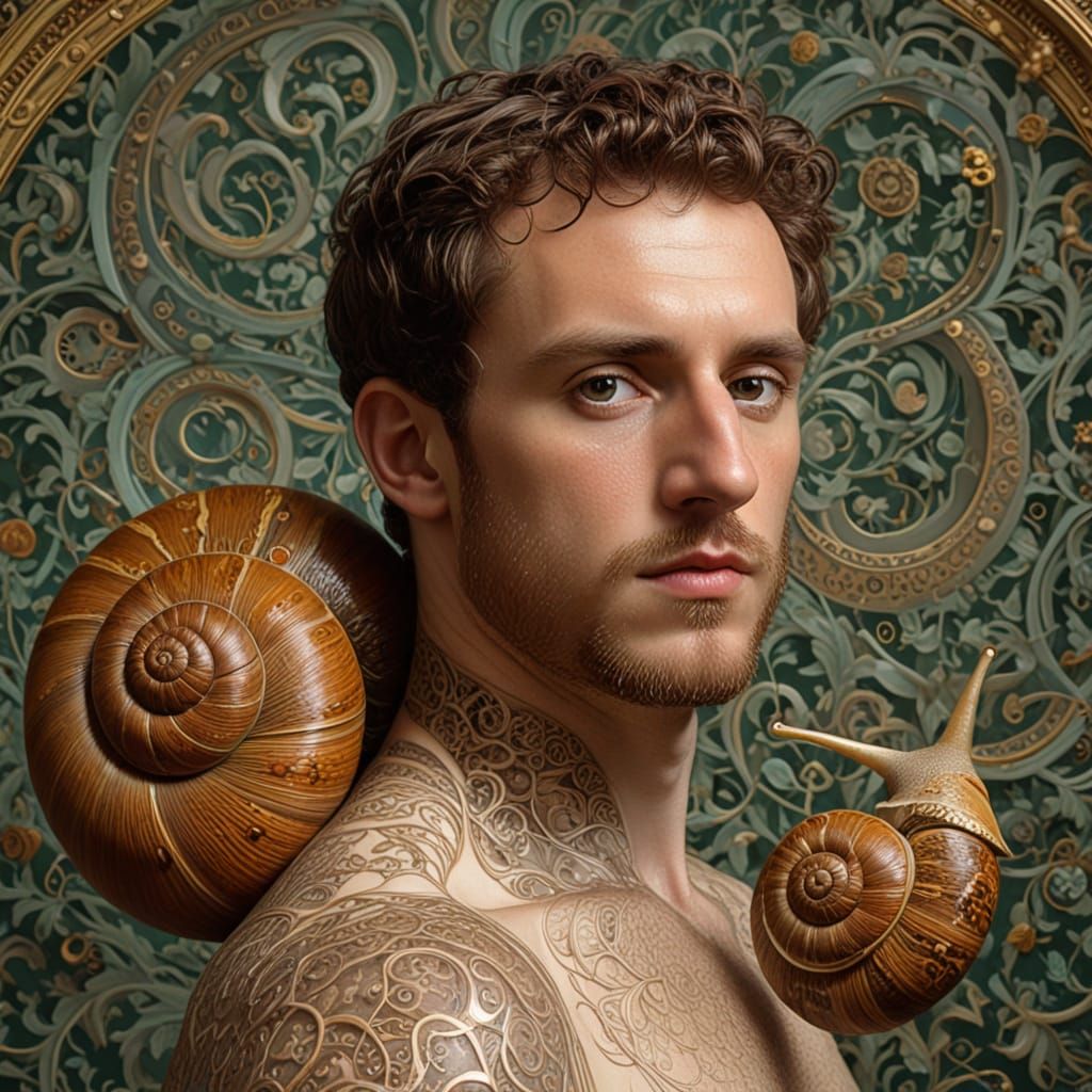 Half-Man, Half-Snail Portrait in Pre-Raphaelite Style