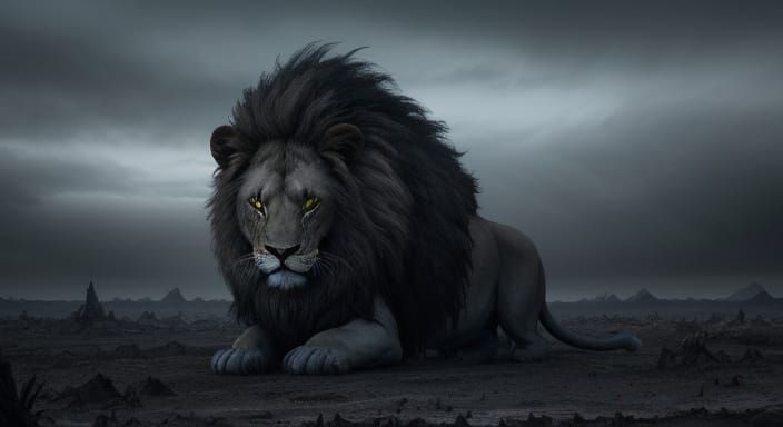 Terrifying Ash Lion in Desolate Landscape