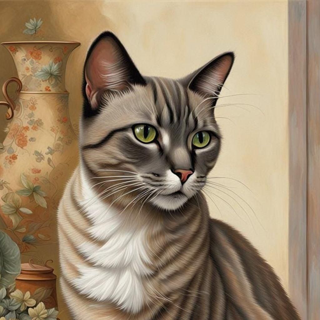 Intricate Cartoon Cat, Tabby and Siamese Mix