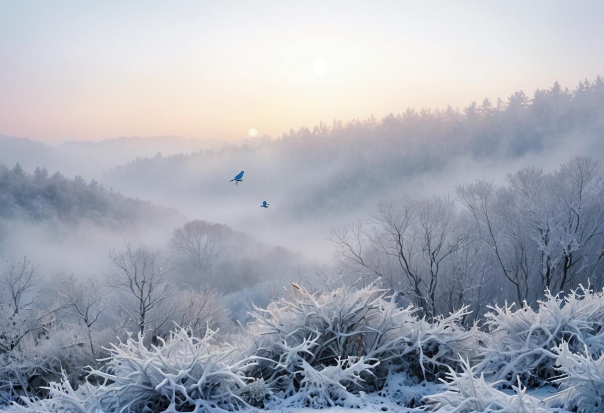 Whimsical Watercolor Bird in Misty Candyland Landscape