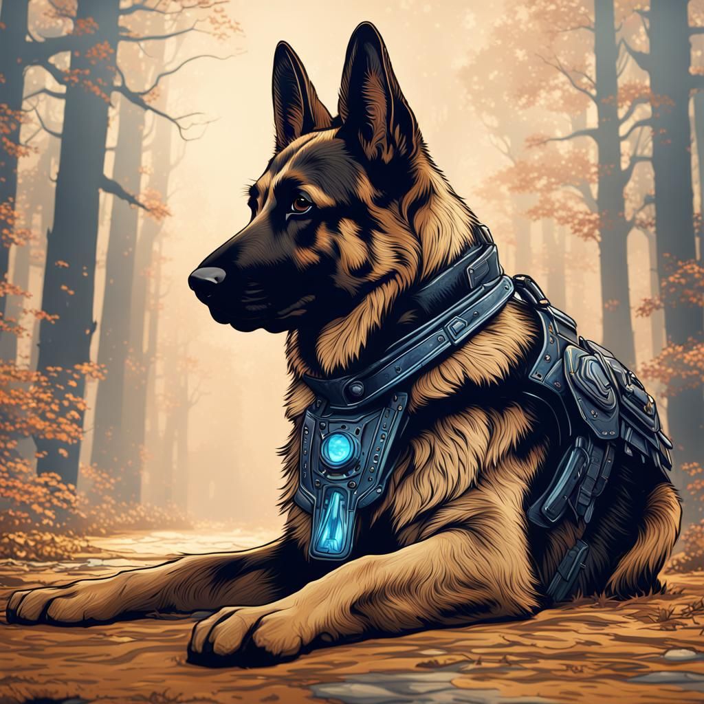 Detailed German Shepherd Outline in Matte Painting Style