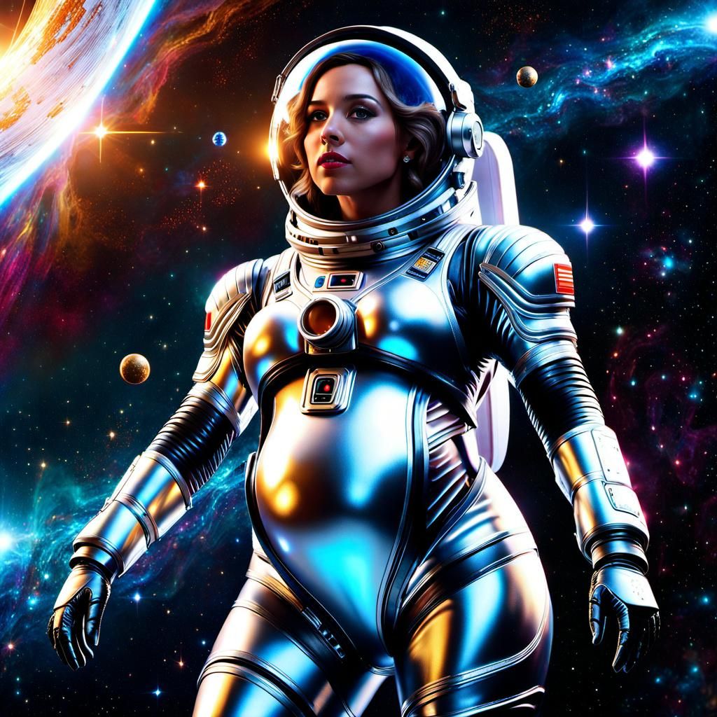 Pregnant Astronaut in Futuristic Spacesuit with Galaxy Backg...