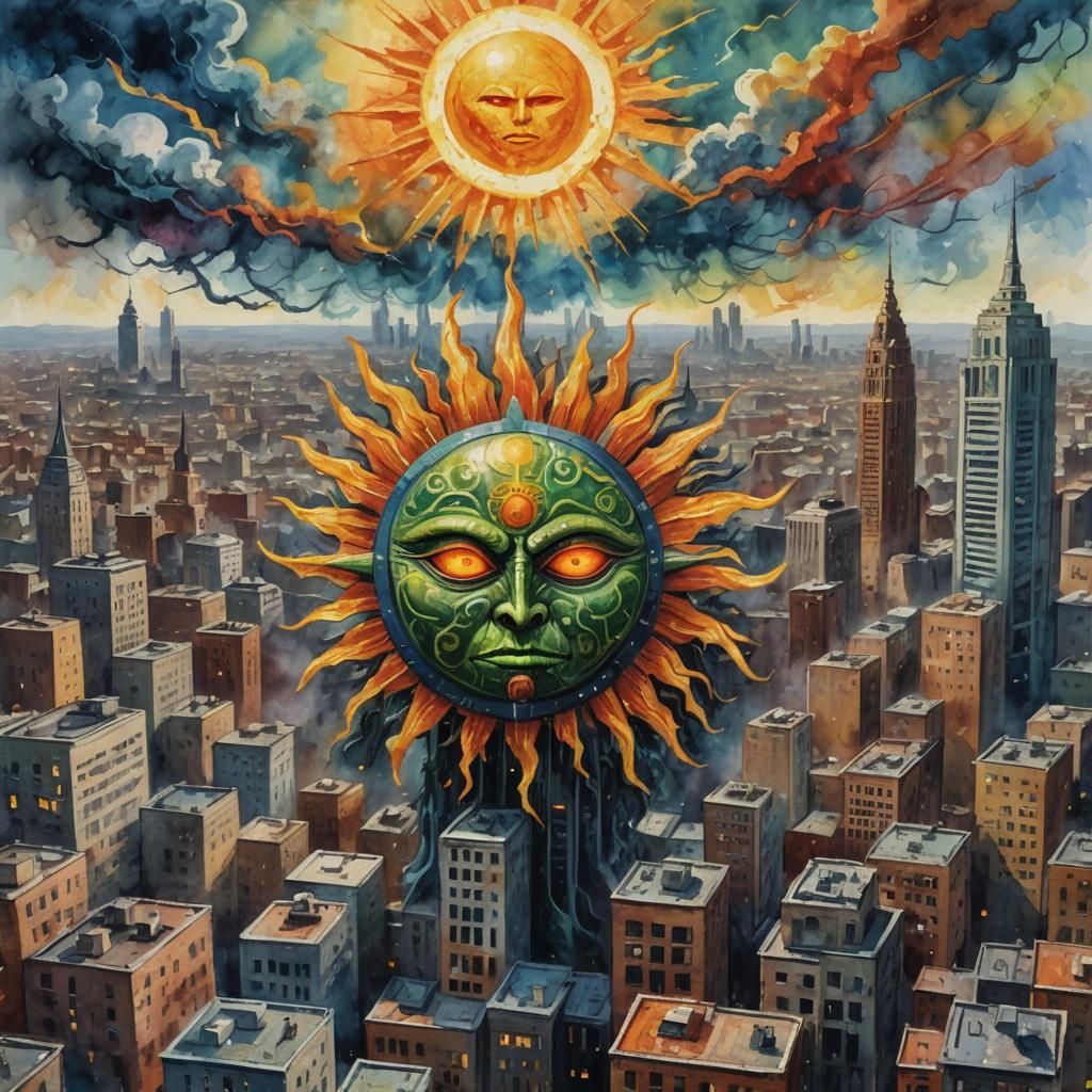 Demonic Sun God Over City in Gouache Style