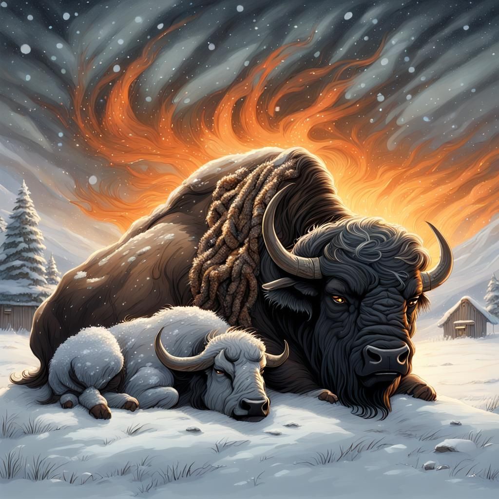 Rustic Buffalo Mother Protects Child in Snowstorm