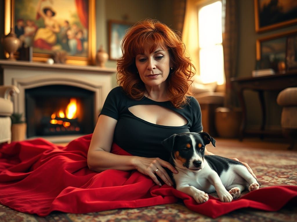 Cozy Domestic Scene with Elegant Lady and Sleeping Puppy