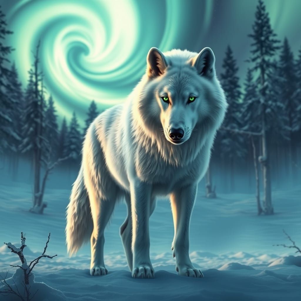 Majestic White Wolf Amidst Aurora Borealis in Snowy Forest