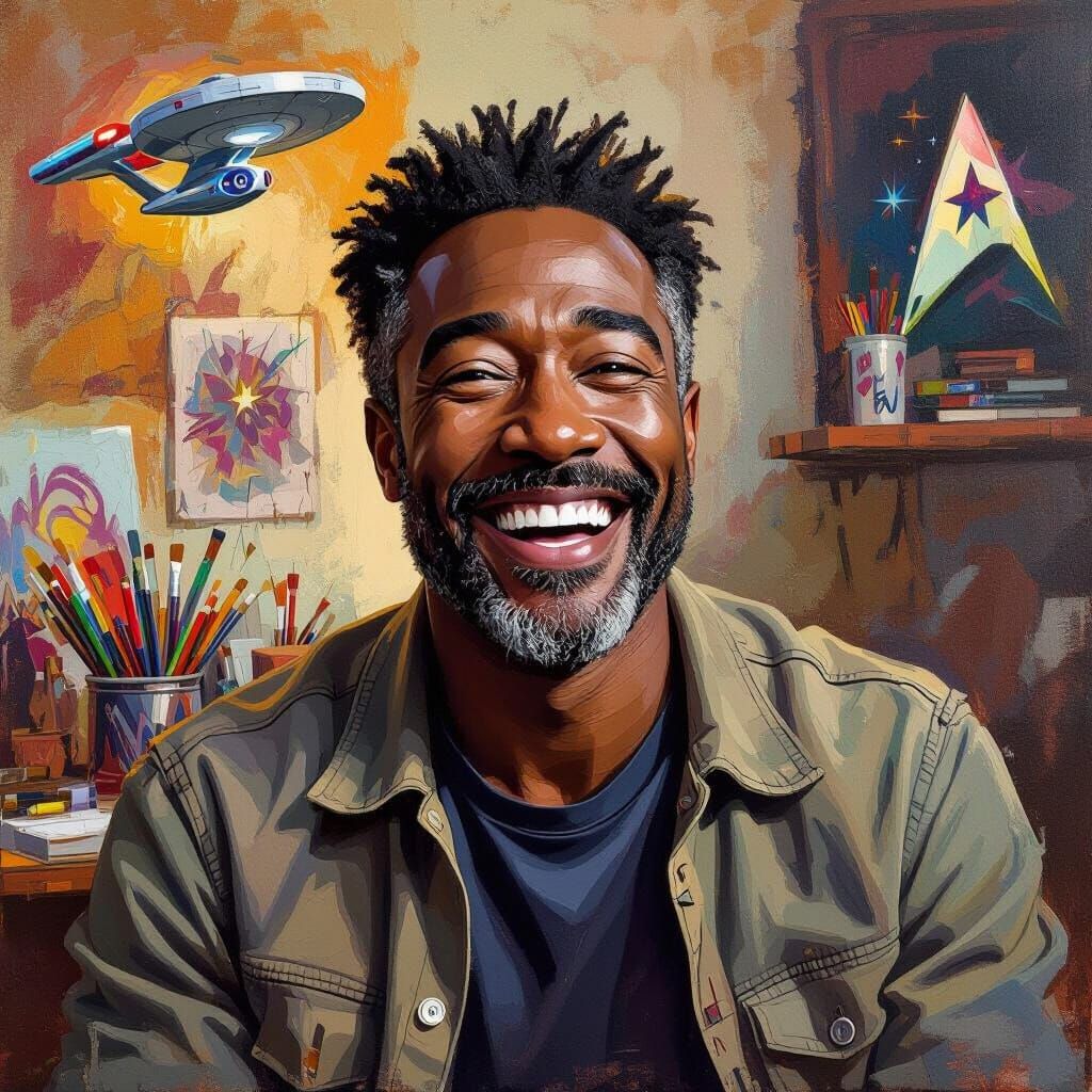 Radiant Portrait of a Kind Man with Star Trek Decor