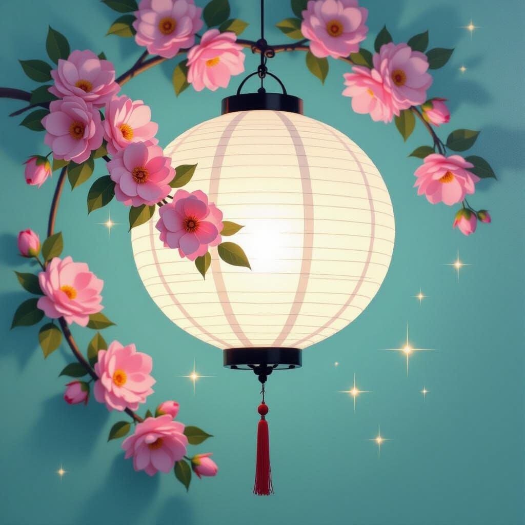 White Paper Lantern with Pink Flowers, Minimalist Painting