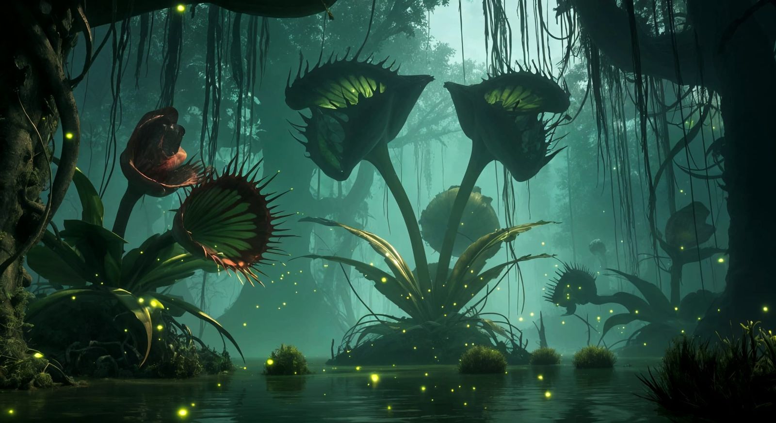 Hyperrealistic Alien Swamp Dominated by Carnivorous Plants