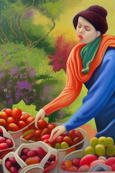 Woman Picking Fruit at Market: Detailed Painting