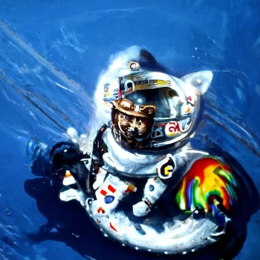 Astronaut with Rainbow Cat in Space as Oil Painting