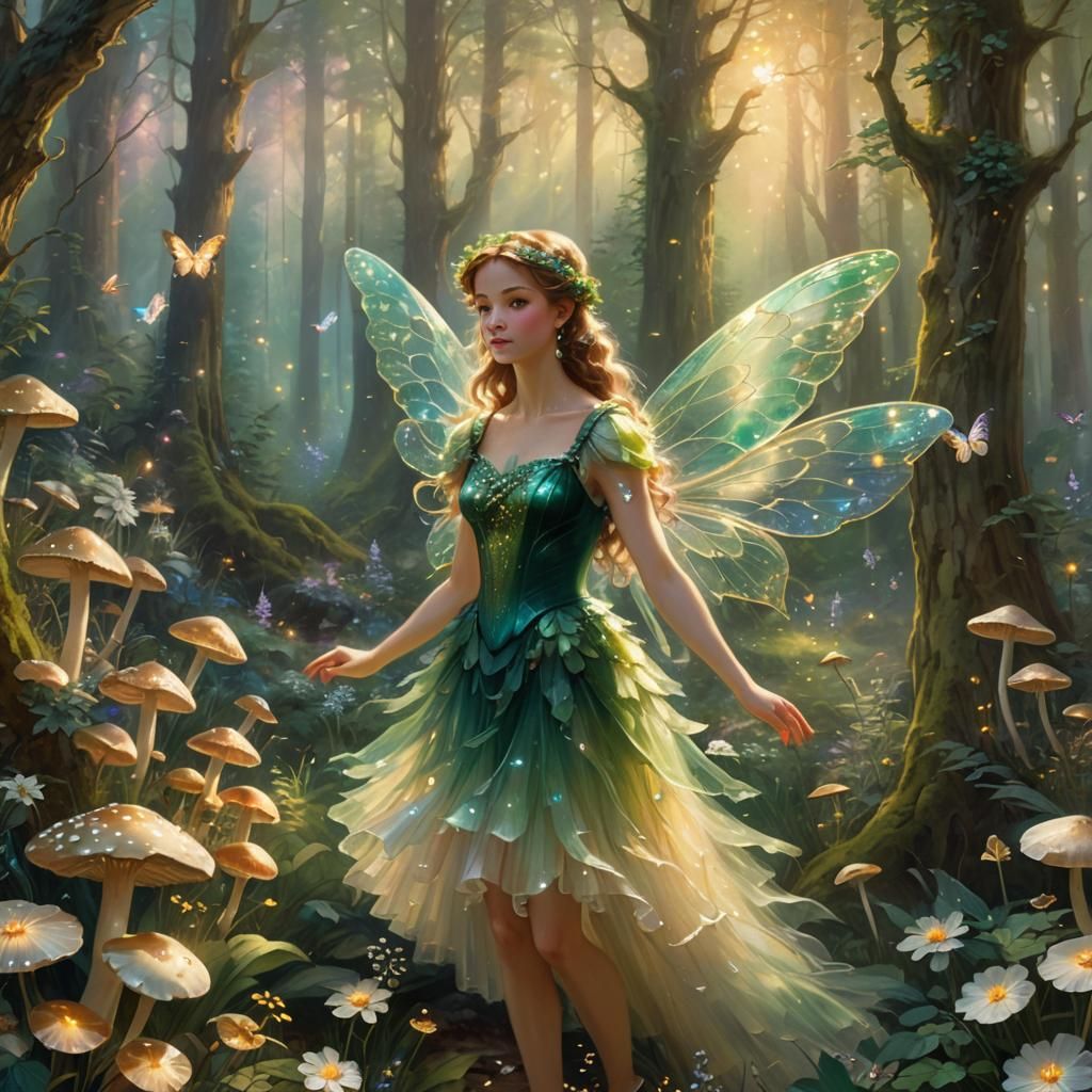 Emerald Fairy in Dreamy Forest, Oil Painting Style