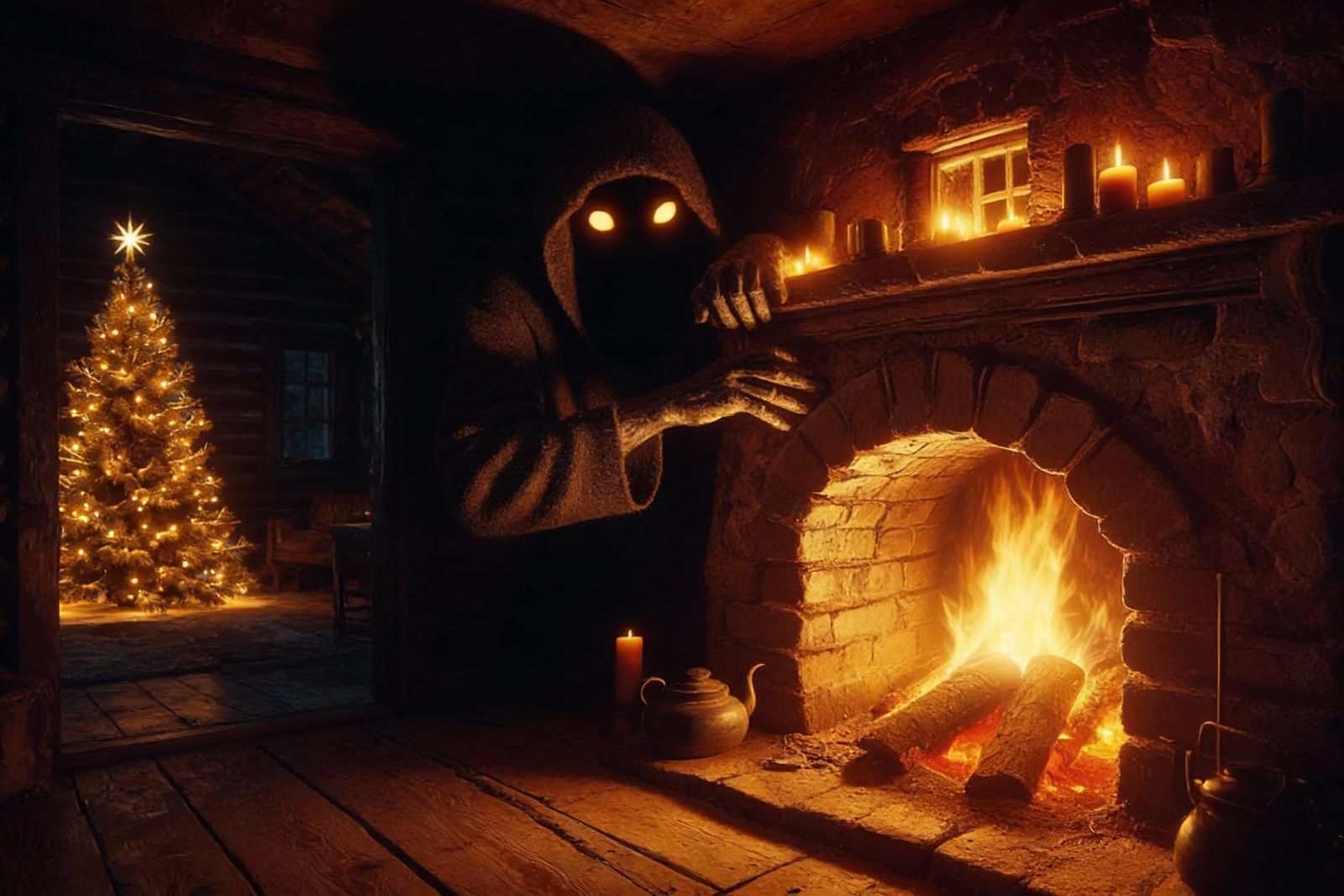 Shadow Monster Watches Christmas Tree in Dark Cabin